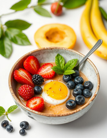 Breakfast bowl with omelette, berries and fruits on white backgroundの写真素材