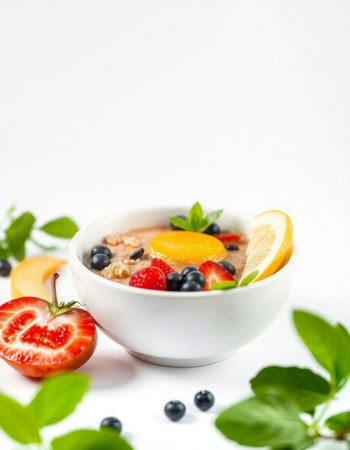 Oatmeal porridge with fresh berries and mint leaves on white background