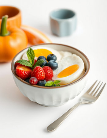 Fried eggs with fresh berries in a bowl on a white background