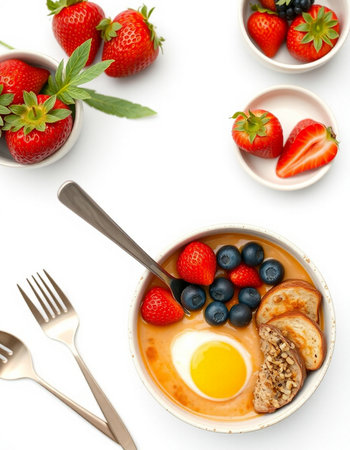 Healthy breakfast with omelette, berries and toast on white background