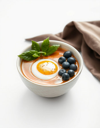 Cup of tasty soup with egg and berries on white background