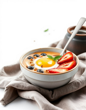 Breakfast bowl with blueberry, strawberry and egg on white backgroundの写真素材