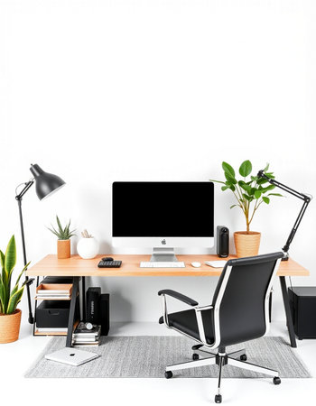 Workplace with computer, plant and lamp on white wall background.