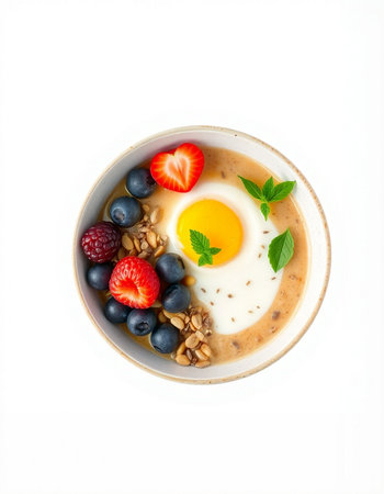 Oatmeal porridge with fresh berries and fried egg isolated on white background
