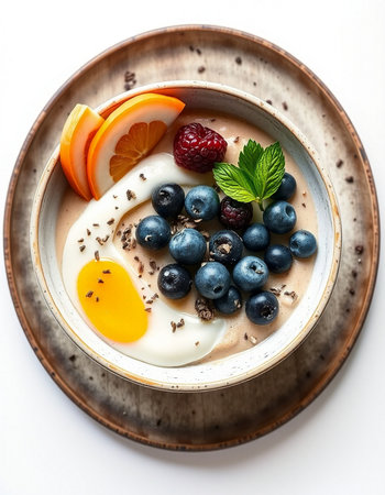 Healthy breakfast bowl with yogurt, berries and fruits on white background