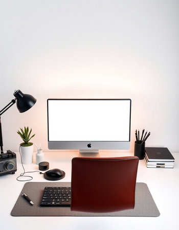 Modern workplace with computer, keyboard, mouse, stationery and copy space on white wall background
