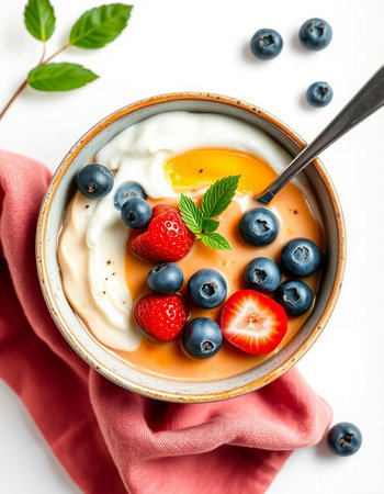 yogurt with fresh berries in a bowlの写真素材