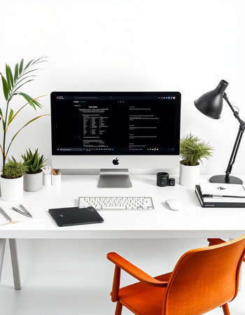modern workspace with computer, keyboard, mouse, coffee cup and other itemsの写真素材