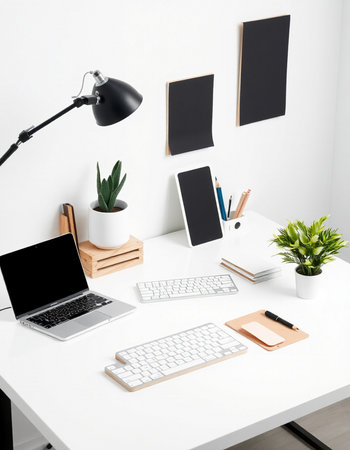 Workplace with laptop and stationery on white table in modern officeの写真素材