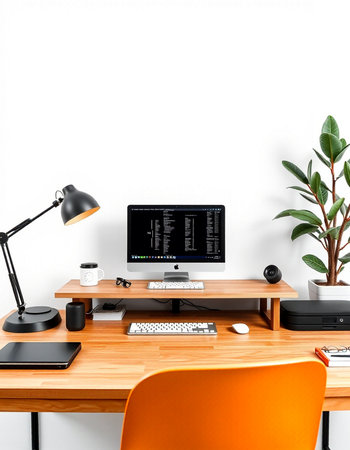 Modern workspace with computer, supplies and decorations on wooden table. Mock up, 3D Renderingの写真素材