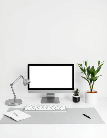 3D illustration PC screen mockup, Workspace at home officeの写真素材