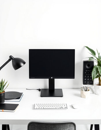 Modern workspace with blank black computer screen on white table. Mock up, 3D Rendering