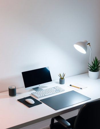 workplace with computer, lamp and notebook on table in modern officeの写真素材