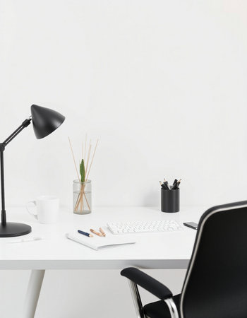 Modern workplace with computer, lamp and cup of coffee. Mock up