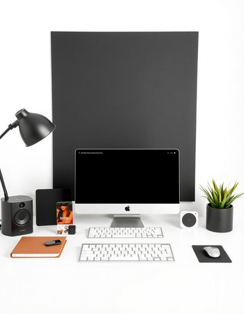 Modern workplace with computer, keyboard, mouse, coffee cup and notebook on white background