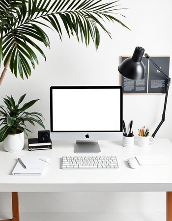Modern workspace with computer, keyboard, mouse, stationery and plants