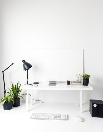 Interior of a modern office with a white wall, a computer, a plant and a desk lamp