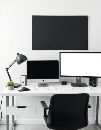 workplace with computer and blank screen on white wall, 3d render
