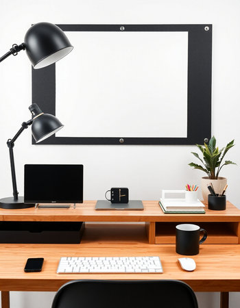 workplace with computer, coffee cup and blank picture frame on wall
