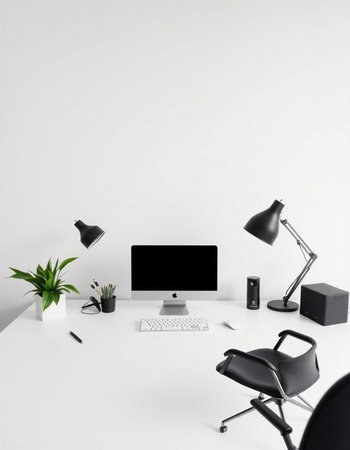 Modern workspace with computer, stationery and plant on white table. 3D Rendering
