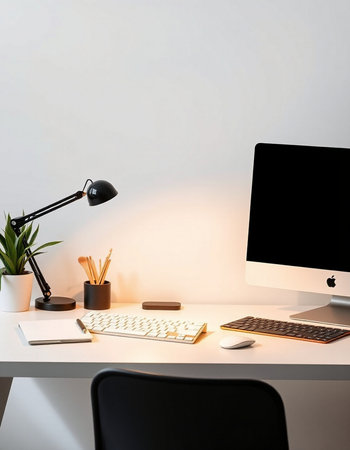 Workplace with computer, lamp and stationery on table in office