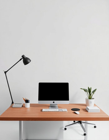 Workplace with computer, stationery and lamp on wooden table. 3d render