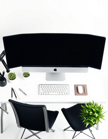 Office workplace with computer and black chair on white background. Top view