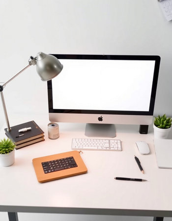 Modern workspace with blank screen computer, keyboard, mouse, stationery, lamp and other items