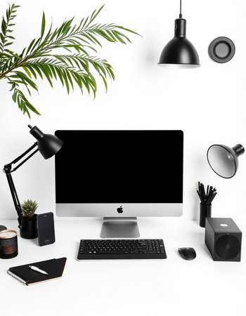 Modern workplace with computer, keyboard, mouse, coffee cup, stationery and plant on white...