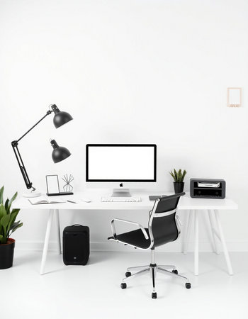 Workplace with computer, lamp and other items. 3d rendering