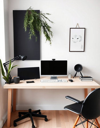 Interior of modern office. Workplace with computer, lamp and plantの写真素材