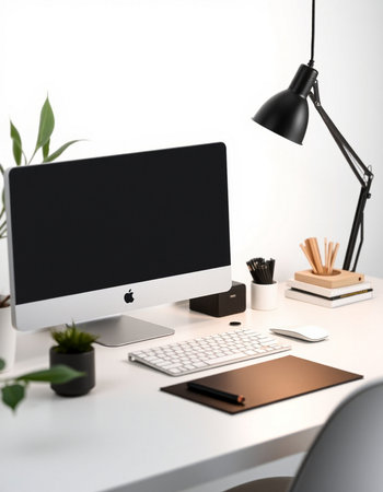 Workplace with computer, lamp and stationery on table in officeの写真素材