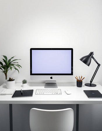 3D Rendering : illustration of modern designer desktop with blank screen computer, supplies and...