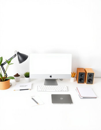 Modern workspace with computer, supplies and copy space on white wall background