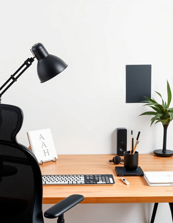 workplace with computer, lamp, plant and coffee cup on tableの写真素材