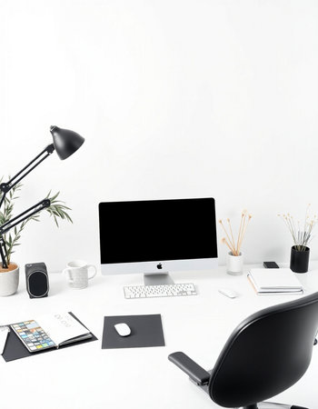 Modern workspace with blank computer monitor, supplies, coffee cup, stationery and copy space on white wall backgroundの写真素材