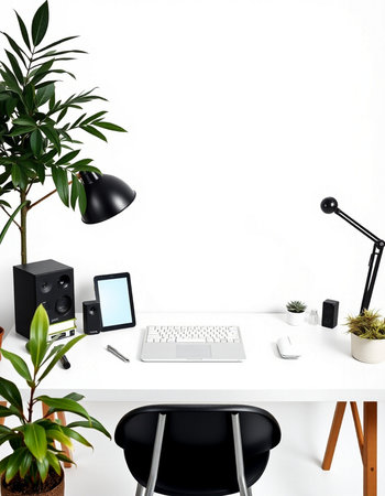 Workplace with computer, laptop, tablet and plant on white backgroundの写真素材