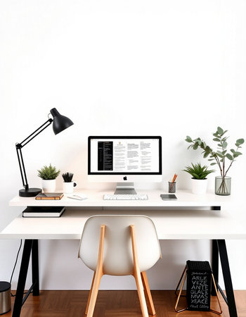 Modern workspace with computer on table. Mock up, 3D Renderingの写真素材