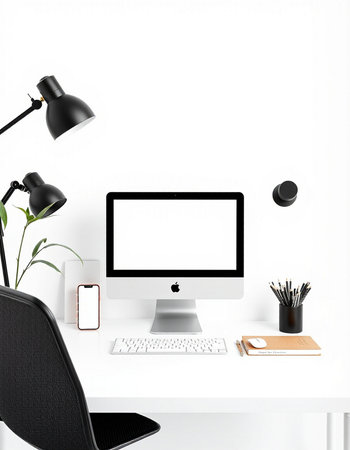 Modern workspace with blank computer screen, stationery and decorations. Mock up, 3D Renderingの写真素材