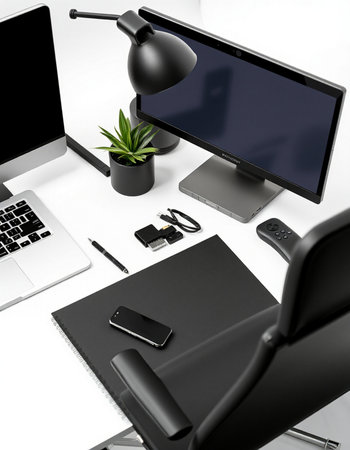 Modern office desk with computer, laptop, tablet, smart phone and accessories. 3D rendering.