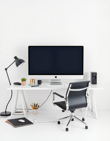 Modern workspace with computer, keyboard, mouse and other items. 3d render