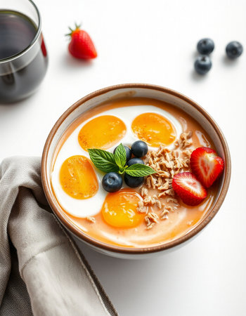 Healthy breakfast with yogurt, berries and muesli on white backgroundの写真素材