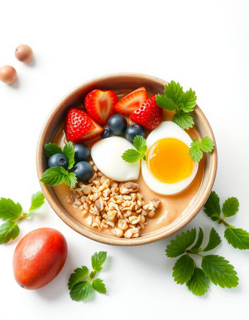Oatmeal porridge with strawberries, blueberries and eggs in a bowl