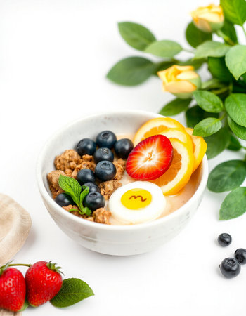Healthy breakfast bowl with muesli, fresh berries and fruits
