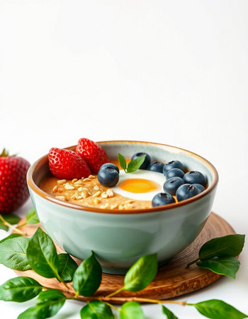 Healthy breakfast bowl with oatmeal, berries and egg on white background