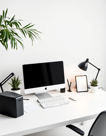 Minimalistic workspace with blank computer screen, stationery and copy space. Mock upの写真素材