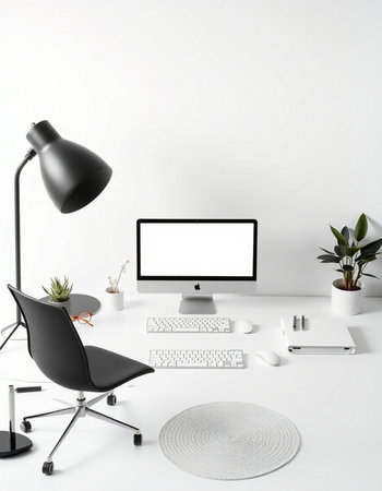 workplace with computer, lamp and other objects. 3d rendering