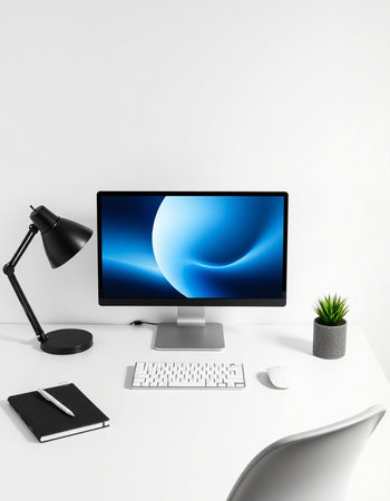 Modern workspace with computer monitor, notebook and lamp. 3d render