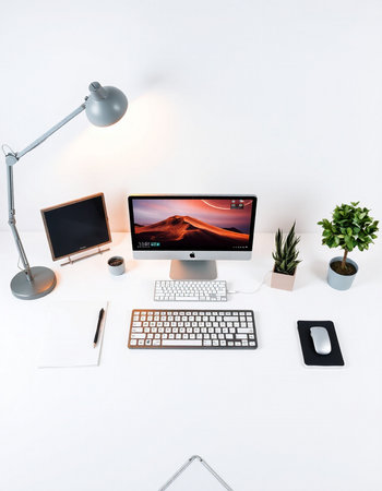 Modern workspace with computer, keyboard, mouse and graphic tablet on white background