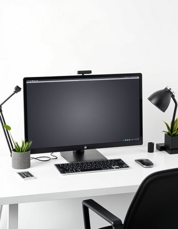 Modern workspace with computer screen, keyboard and mouse. Mock up